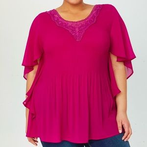 Blouse. Sheer Cascading Sleeves. Applique V-Neck.
